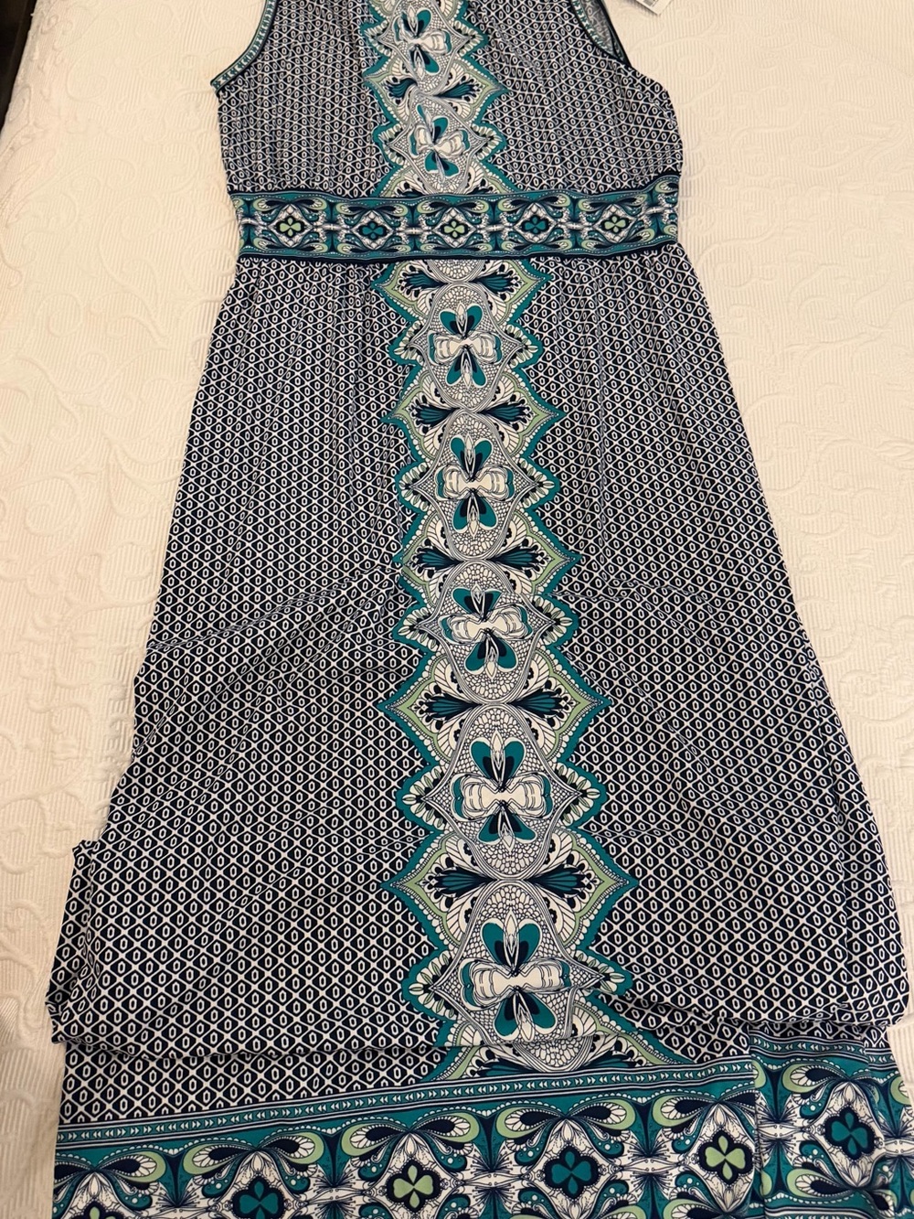 Max Studio Geometric Border Print Maxi Dress Size M Navy Teal Boho NWT